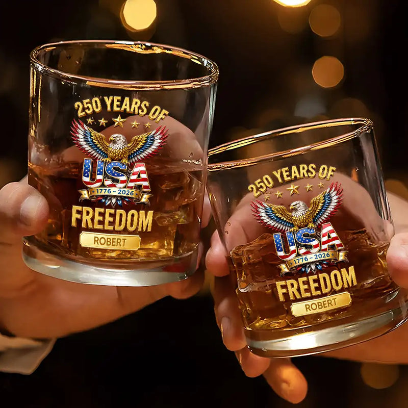 America 250th,Independence Day,Gift For Men,Gift For Yourself,Proud,Icon - 3D Effect 250 Years Of Freedom - Personalized Whiskey Glass