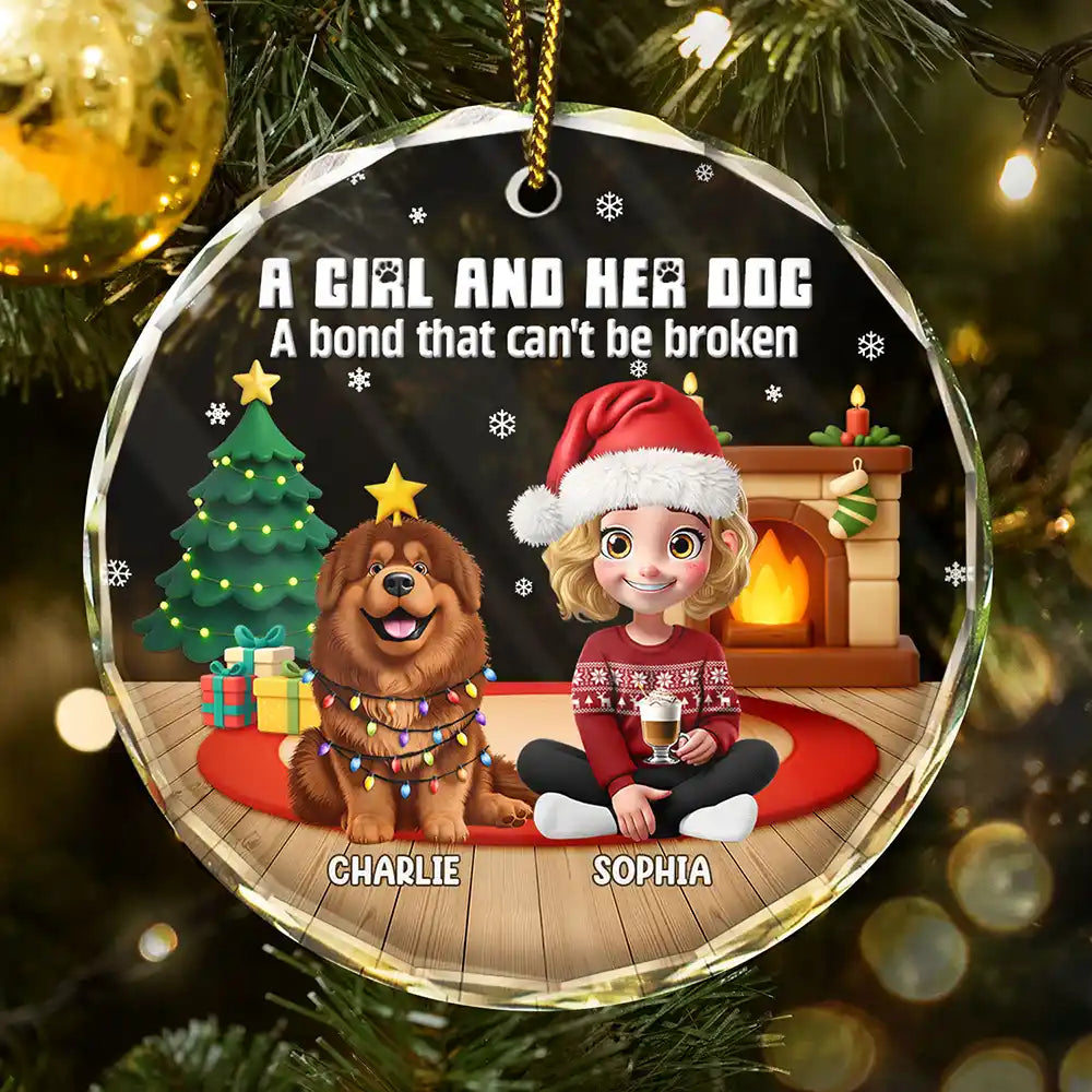 Pet Lovers,Pet Mom,Pet Dad,Dog Lovers,Dog Mom,Dog Dad,Christmas,Happy - 3D Effect A Girl And Her Dog - Personalized Circle Glass Ornament