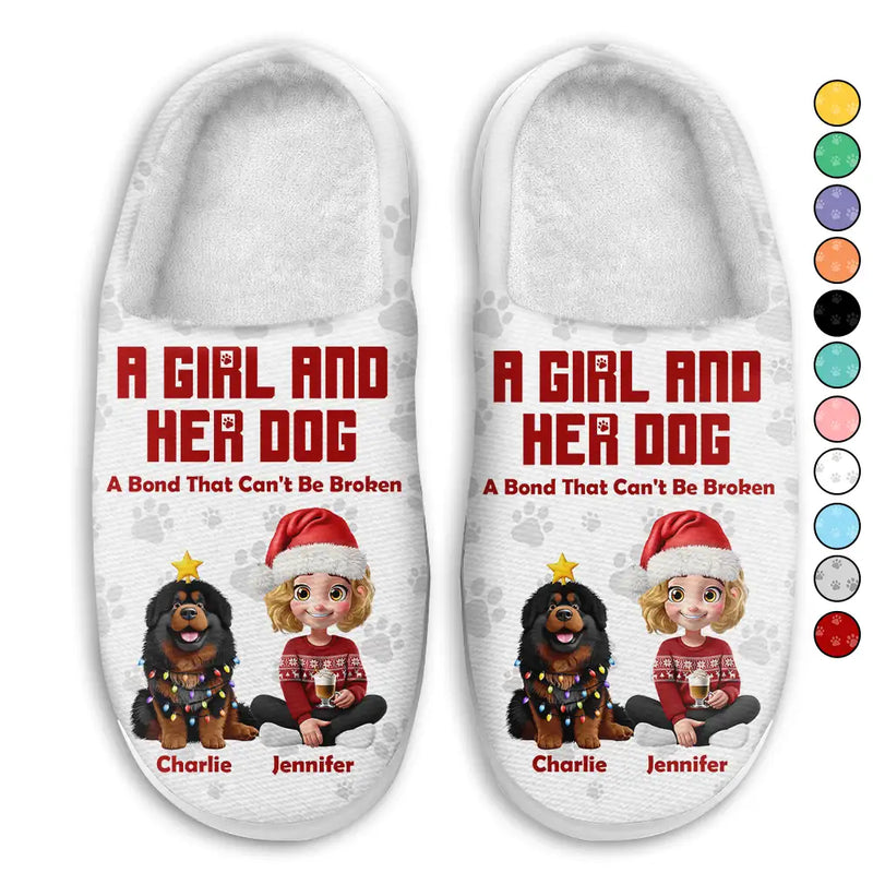 Pet Lovers,Pet Mom,Pet Dad,Dog Lovers,Dog Mom,Dog Dad,Happy,Christmas - 3D Effect A Girl And Her Dog - Personalized Fluffy Slippers
