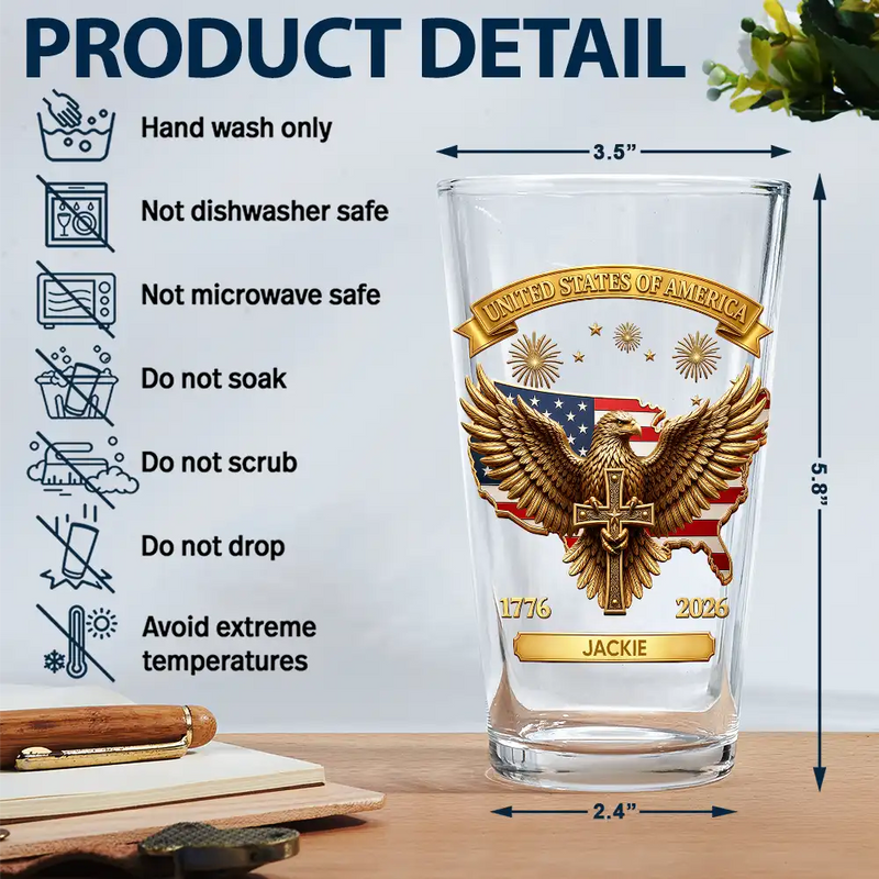 America 250th, Independence Day, Gift For Yourself, Proud, Custom Text - 3D Effect America 250th Anniversary - Personalized Beer Glass