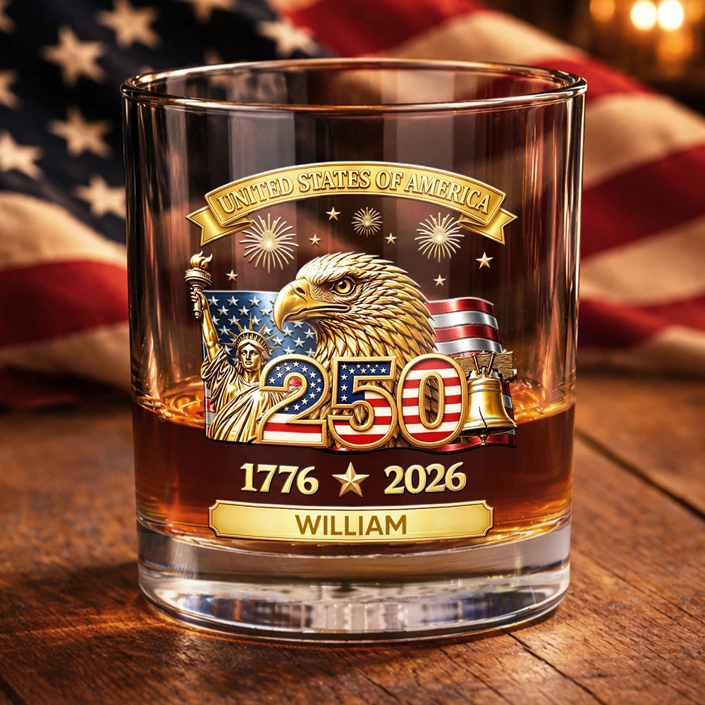 America 250th,Independence Day,Gift For Yourself,Proud,Custom Text - 3D Effect America 250th Anniversary - Personalized Whiskey Glass