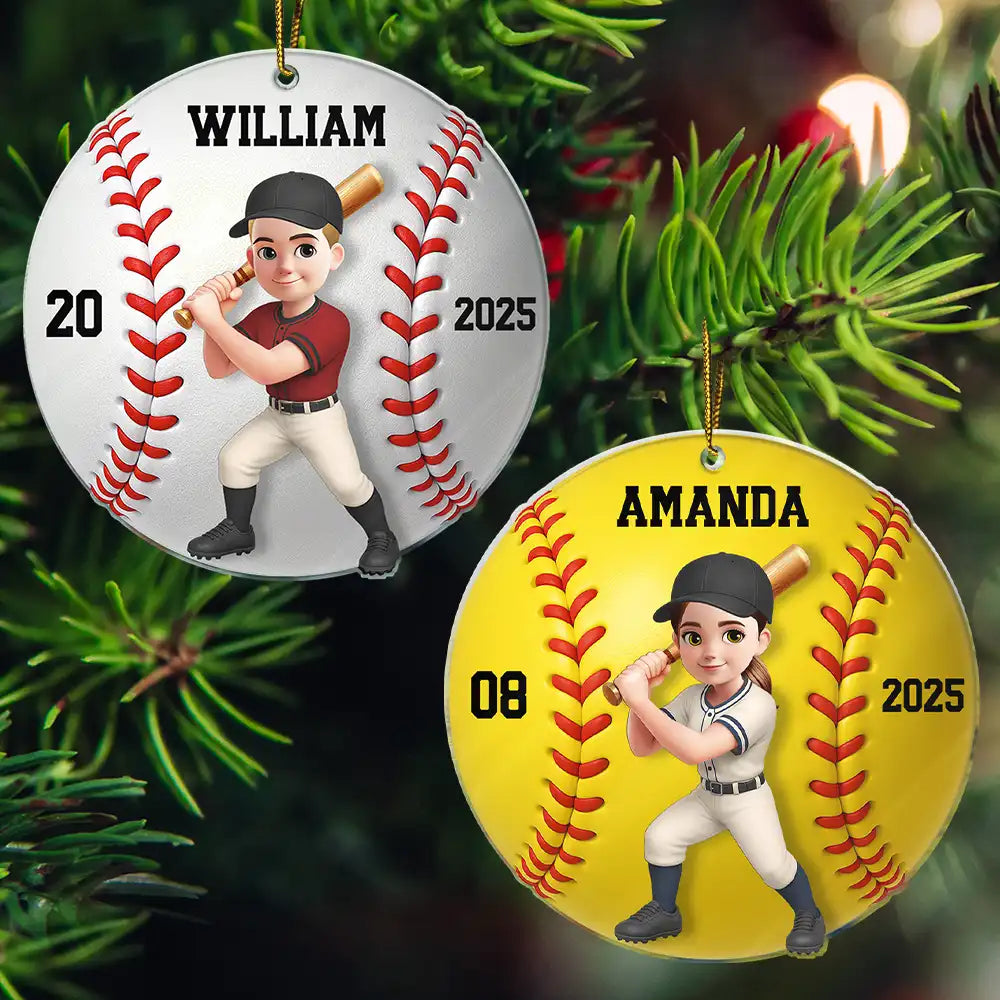 Gift For Yourself, Gift For Women, Gift For Men, Happy, Christmas - 3D Effect Baseball Softball Girl Boy - Personalized Custom Shaped Acrylic Ornament