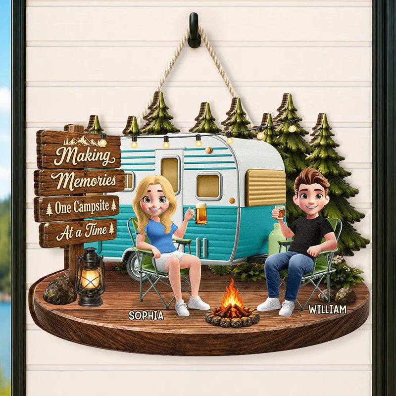 Top Market, Camping, Summer, Gift For Couples, Vector, Happy - 3D Effect Camping Couple Making Memories One Campsite At A Time - Personalized Custom Shaped Wood Sign