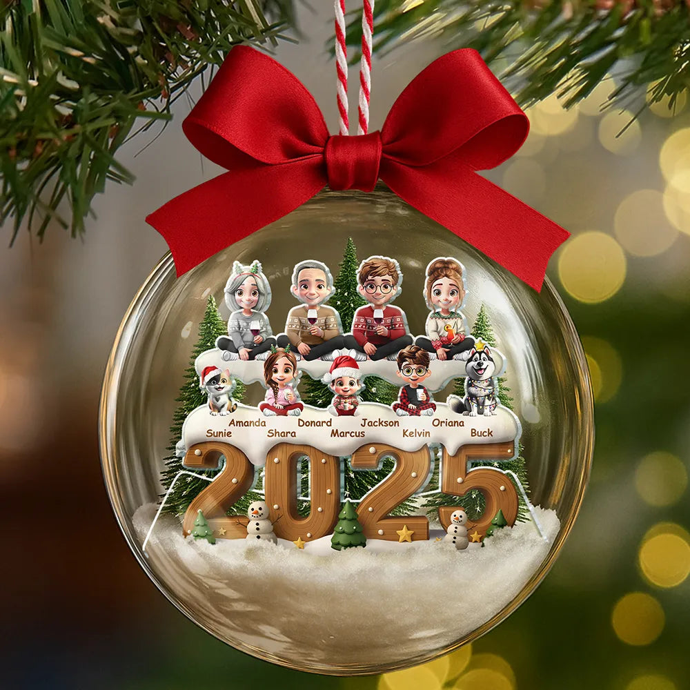 3D Effect Christmas Family And Dog Cat - Personalized 3D Acrylic Ball Ornament