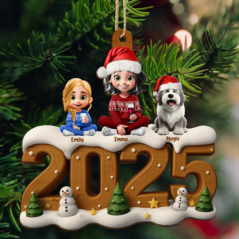 Family,Parents,Gift For Kids,Pet Couple,Cat Couple,Dog Couple,Christmas,Top Market,Happy - 3D Effect Christmas Family And Dog Cat - Personalized Custom Shaped Wooden Ornament