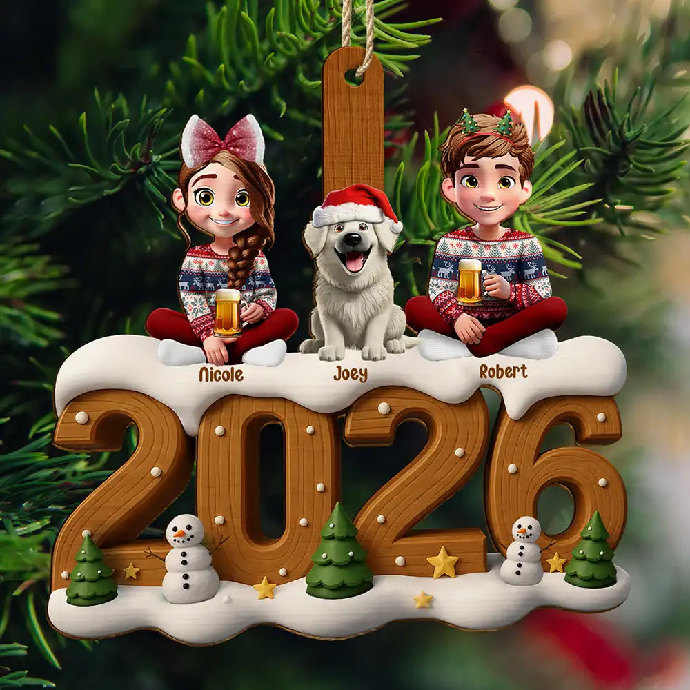 3D Effect Christmas Family And Dog Cat - Personalized Custom Shaped Wooden Ornament