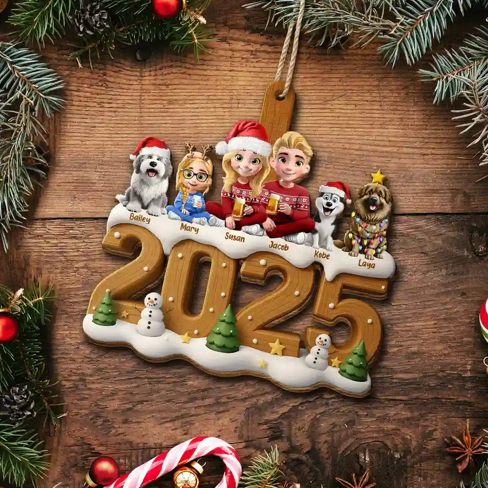 Family,Parents,Gift For Kids,Pet Couple,Cat Couple,Dog Couple,Christmas,Top Market,Happy - 3D Effect Christmas Family And Dog Cat - Personalized Custom Shaped Wooden Ornament