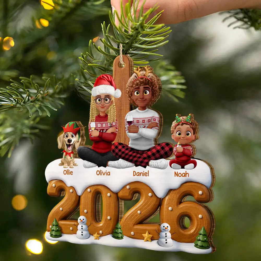 Christmas,Cozy,Family,Vector - 3D Effect Christmas Family Sitting Together - Personalized Custom Shaped Wooden Ornament