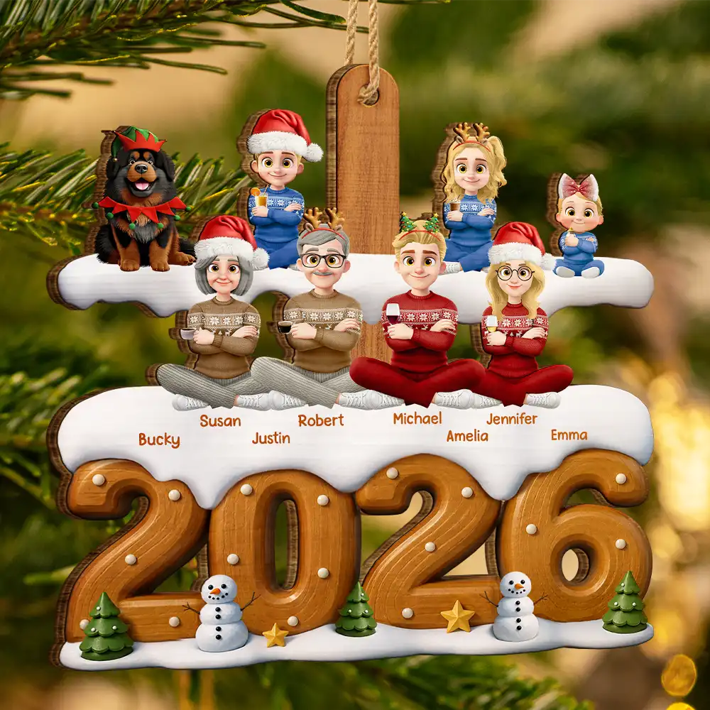 Christmas,Cozy,Family,Vector - 3D Effect Christmas Family Sitting Together - Personalized Custom Shaped Wooden Ornament