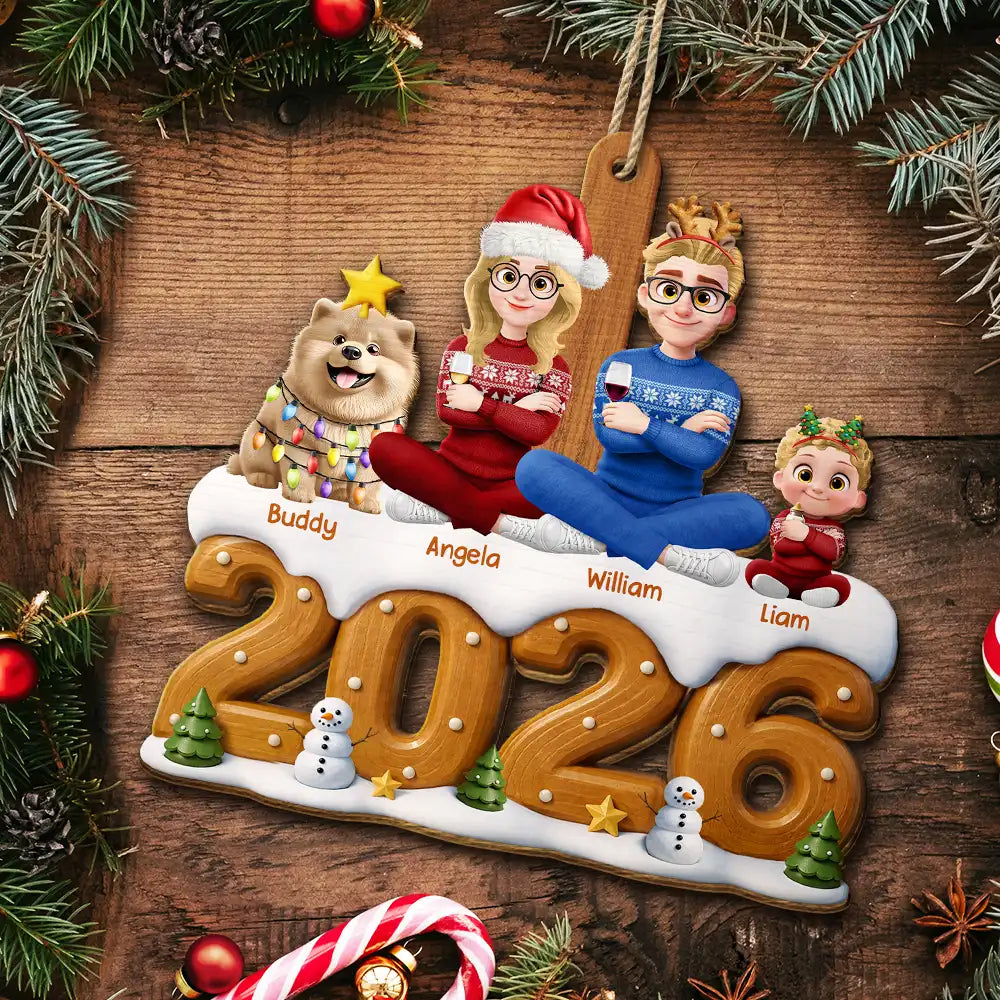 Christmas,Cozy,Family,Vector - 3D Effect Christmas Family Sitting Together - Personalized Custom Shaped Wooden Ornament