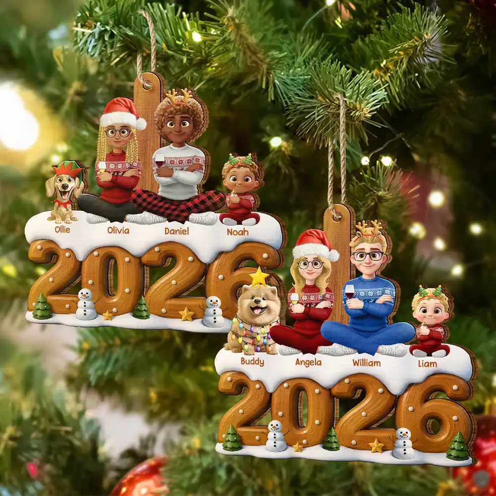 Christmas,Cozy,Family,Vector - 3D Effect Christmas Family Sitting Together - Personalized Custom Shaped Wooden Ornament