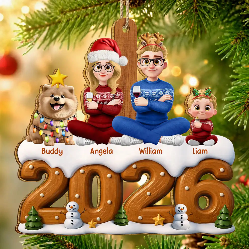 Christmas,Cozy,Family,Vector - 3D Effect Christmas Family Sitting Together - Personalized Custom Shaped Wooden Ornament