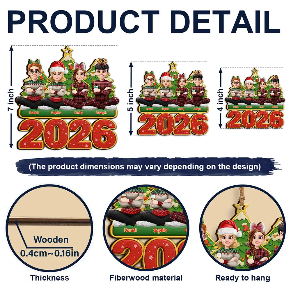 Christmas, Cozy, Family, Vector - 3D Effect Christmas Family Sitting With Dogs & Cats - Personalized Custom Shaped Wooden Ornament