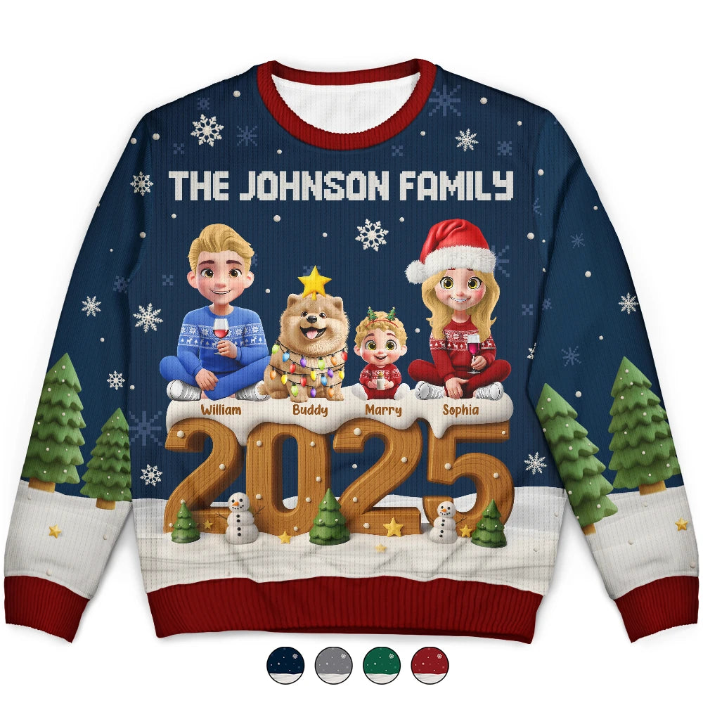 Family,Gift For Grandparents,Parents,Gift For Kids,Happy,Christmas,Non-Eng - 3D Effect Christmas Sitting Family - Personalized Unisex Ugly Sweater