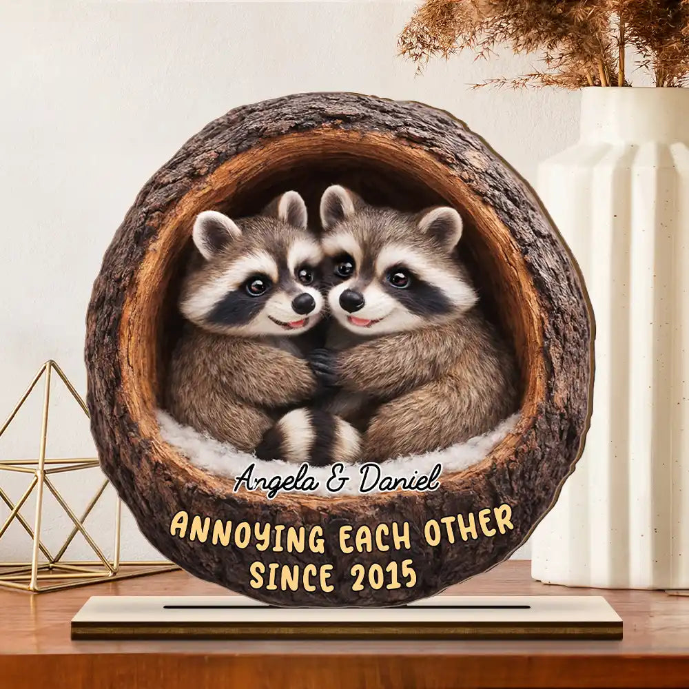 3D Effect Couple Raccoon Annoying Each Other - Personalized Custom Shaped 2-Layered Wooden Plaque