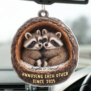 Gift For Couples,Gift For Women,Gift For Men,Gift For Boyfriend,Gift For Girlfriend,Gift For Wife,Gift For Husband,Funny,Love - 3D Effect Couple Raccoon Annoying Each Other - Personalized Acrylic Car Hanger