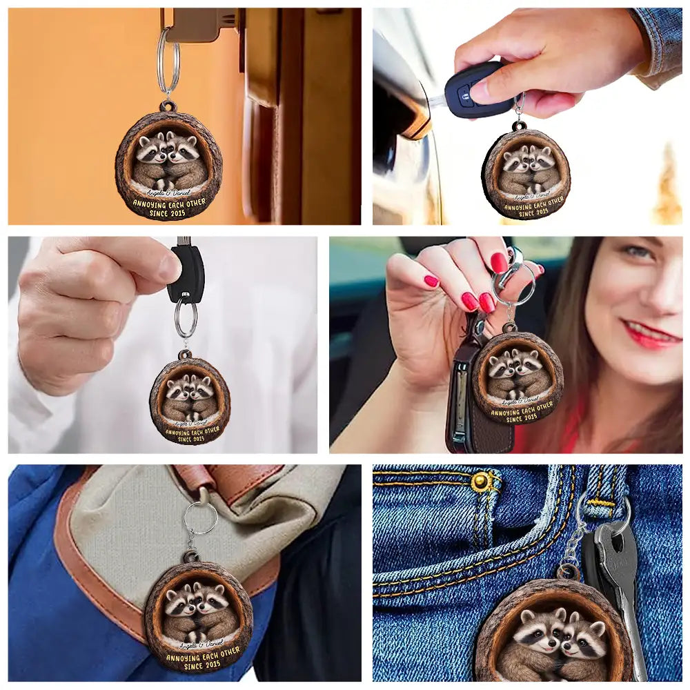 Gift For Couples,Gift For Women,Gift For Men,Gift For Boyfriend,Gift For Girlfriend,Gift For Wife,Gift For Husband,Funny,Love - 3D Effect Couple Raccoon Annoying Each Other - Personalized Wooden Keychain