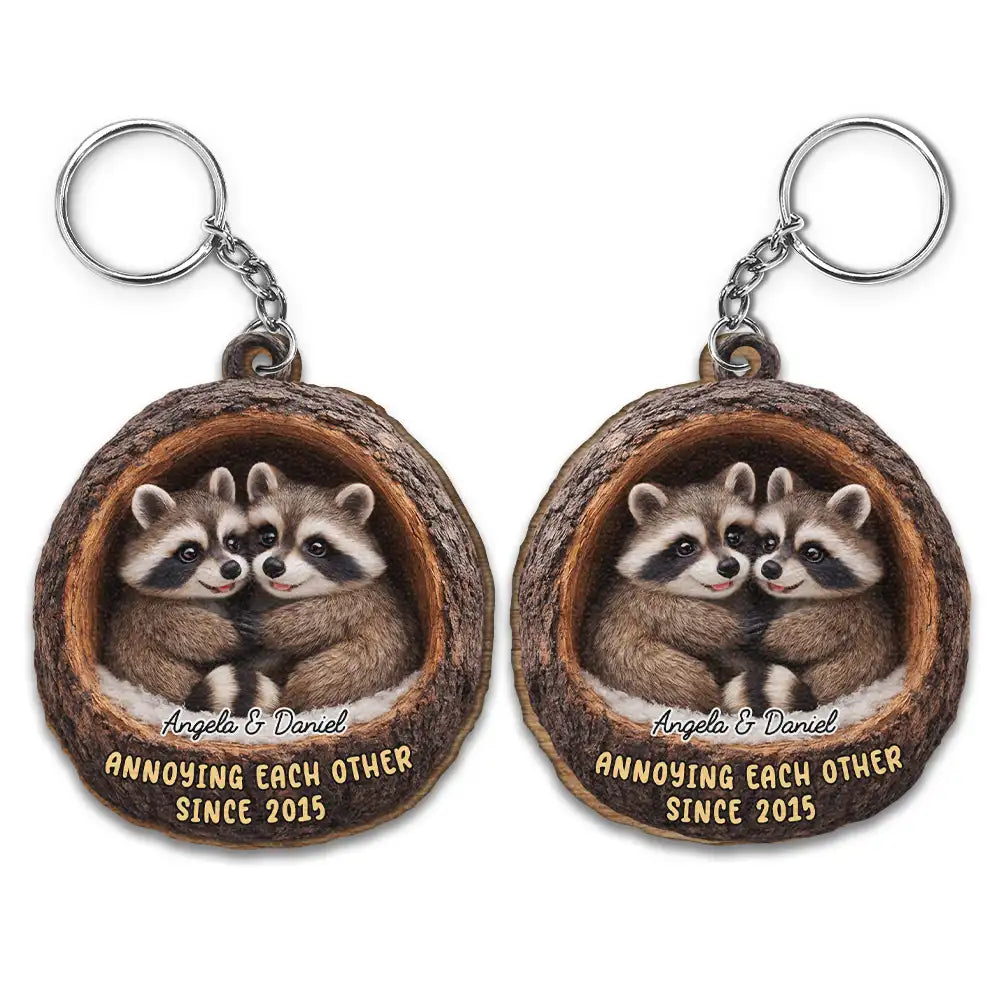 Gift For Couples,Gift For Women,Gift For Men,Gift For Boyfriend,Gift For Girlfriend,Gift For Wife,Gift For Husband,Funny,Love - 3D Effect Couple Raccoon Annoying Each Other - Personalized Wooden Keychain