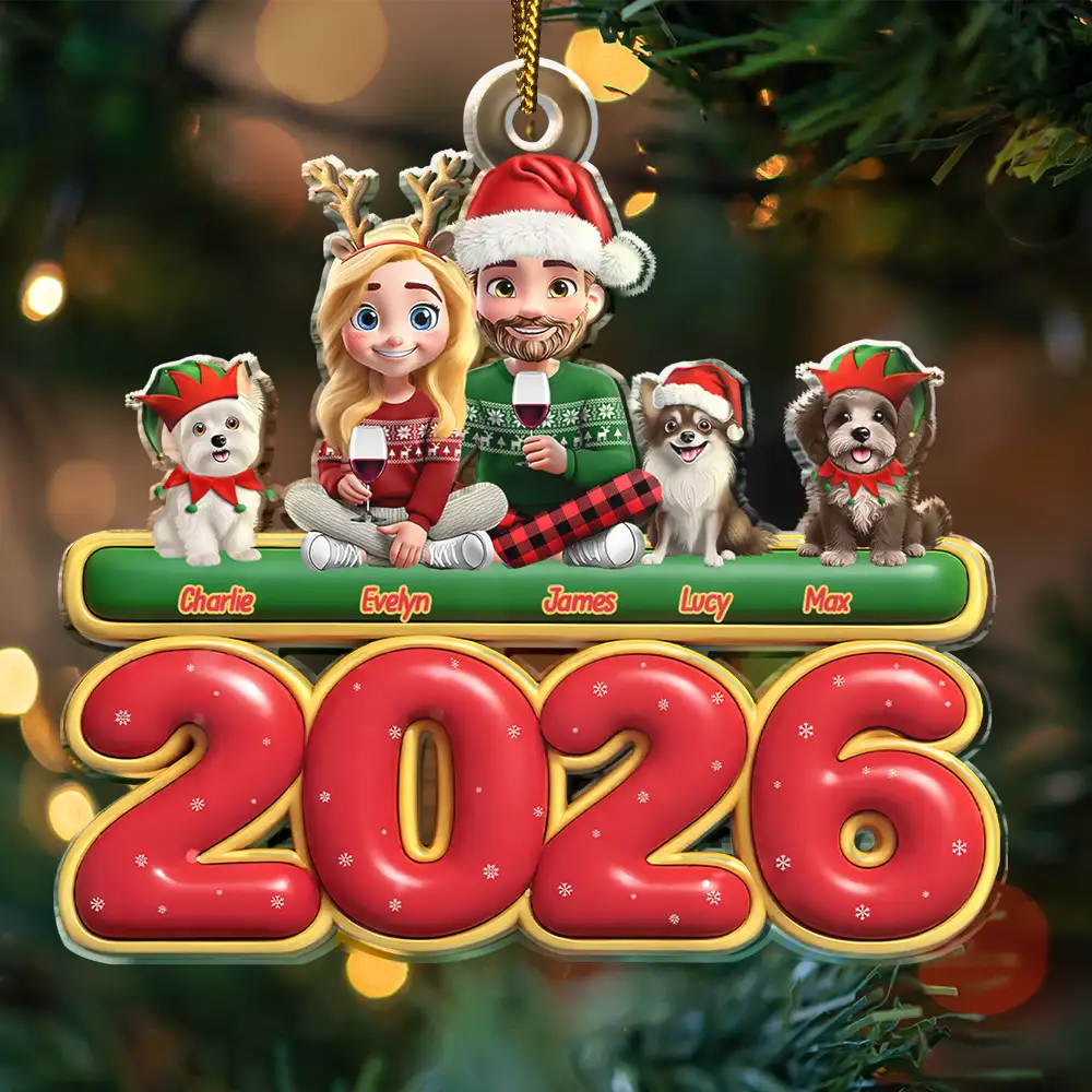 3D Effect Couple Sitting With Dogs - Personalized Custom Shaped Acrylic Ornament