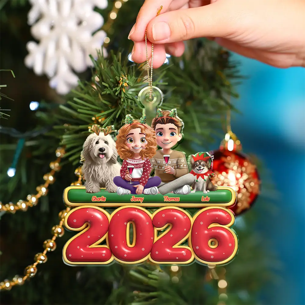3D Effect Couple Sitting With Dogs - Personalized Custom Shaped Acrylic Ornament
