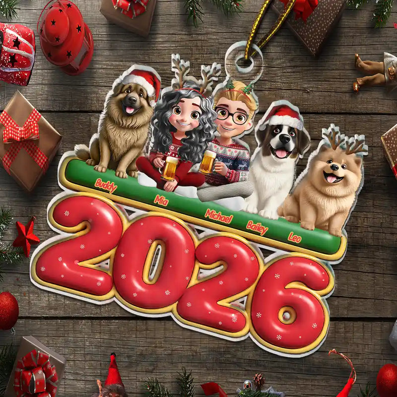 3D Effect Couple Sitting With Dogs - Personalized Custom Shaped Acrylic Ornament