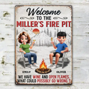 Old Couples,Gift For Husband,Gift For Wife,Gift For Boyfriend,Gift For Girlfriend,Camping,Campsite,Happy - 3D Effect Couple Welcome To Our Fire Pit - Personalized Classic Metal Signs