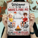 Old Couples,Gift For Husband,Gift For Wife,Gift For Boyfriend,Gift For Girlfriend,Camping,Campsite,Happy - 3D Effect Couple Welcome To Our Fire Pit - Personalized Classic Metal Signs