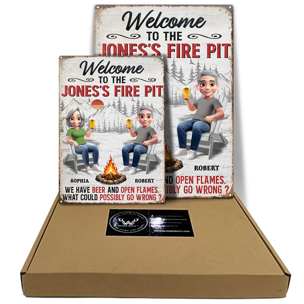 Old Couples,Gift For Husband,Gift For Wife,Gift For Boyfriend,Gift For Girlfriend,Camping,Campsite,Happy - 3D Effect Couple Welcome To Our Fire Pit - Personalized Classic Metal Signs