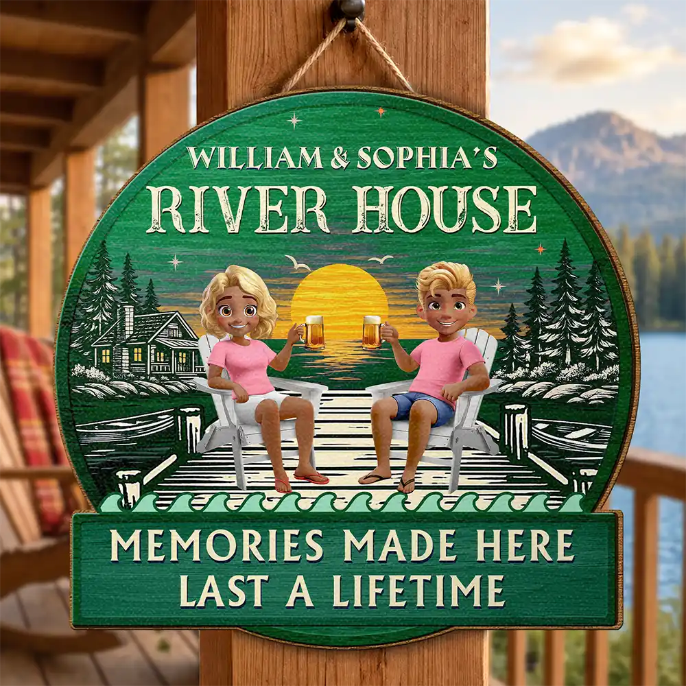 Outdoor Decor, Gift For Couples, Vector, Happy - 3D Effect Couple Welcome To Our Lake House - Personalized Custom Shaped Wood Sign