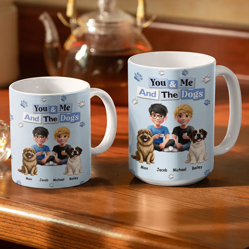 Pet Couple,Pet Lovers,Pet Mom,Pet Dad,Dog Lovers,Dog Mom,Dog Dad,Dog Couple,Cat Lovers,Cat Mom,Cat Dad,Cat Couple,Gift For Couples,Happy - 3D Effect Couple You & Me And The Dogs Cats - Personalized White Edge-to-Edge Mug
