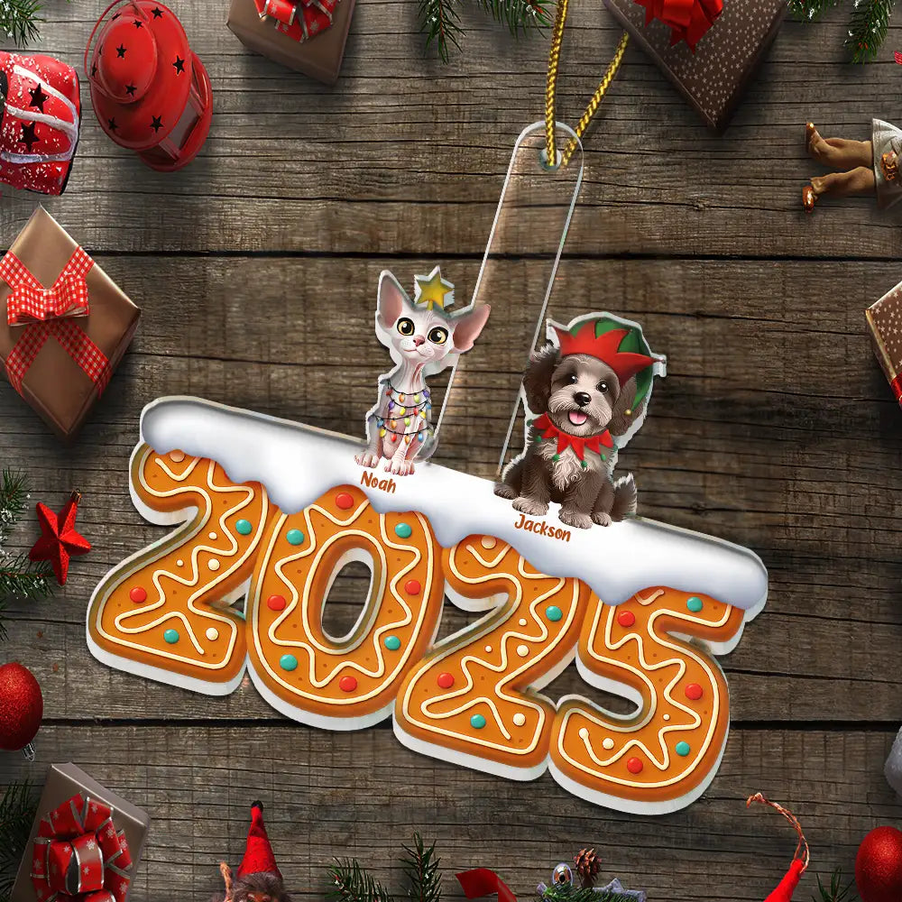 Pet Lovers,Pet Mom,Pet Dad,Pet Couple,Cat Lovers,Cat Mom,Cat Couple,Cat Dad,Dog Lovers,Dog Mom,Dog Dad,Dog Couple,Gift For Women,Gift For Men,Gift For Husband,Gift For Wife,Gift For Boyfriend,Gift For Girlfriend,Gift For Yourself,Happy,Christmas - 3D Effect Dog Cat Christmas Gingerbread - Personalized Custom Shaped Acrylic Ornament