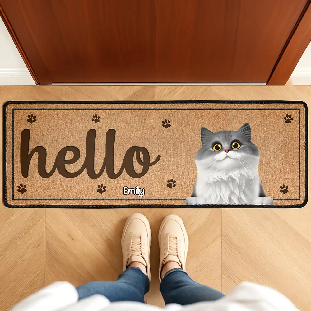 Pet Lovers,Pet Mom,Pet Dad,Pet Couple,Cat Lovers,Cat Mom,Cat Dad,Cat Couple,Dog Lovers,Dog Mom,Dog Dad,Dog Couple,Happy,Top Market - 3D Effect Dog Cat Hello Welcome To Our Home - Personalized Runner Rug