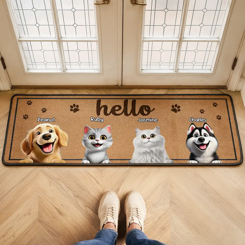 Pet Lovers,Pet Mom,Pet Dad,Pet Couple,Cat Lovers,Cat Mom,Cat Dad,Cat Couple,Dog Lovers,Dog Mom,Dog Dad,Dog Couple,Happy,Top Market - 3D Effect Dog Cat Hello Welcome To Our Home - Personalized Runner Rug