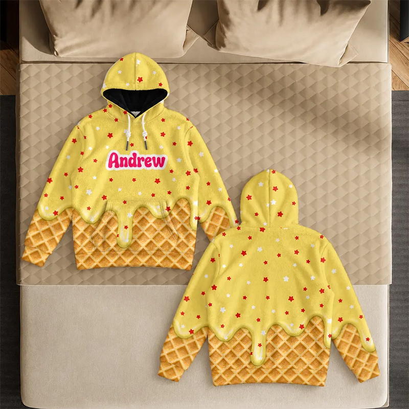 Adorable,Gift For Kids,Custom Text - 3D Effect Dripping Ice Cream Cute Outfit For Kids - Personalized Fleece Hoodie