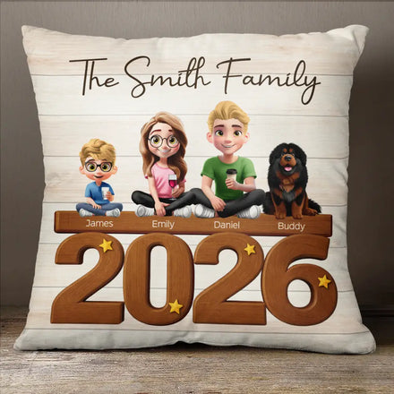 3D Effect Family And Dog Cat - Personalized Pillow