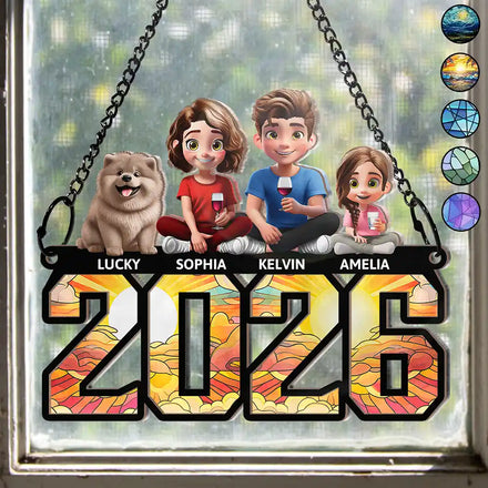 3D Effect Family And Dog Cat - Personalized Window Hanging Suncatcher Ornament