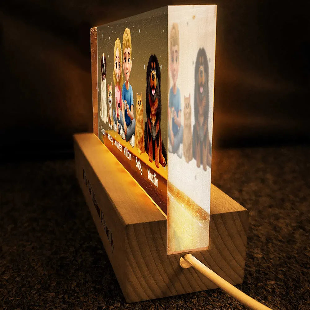 Gift For Grandparents, Gift For Sibling, Family, Parents, Pet Lovers, Happy - 3D Effect Family Couple Sibling Dog Cat - Personalized Rectangle LED Light