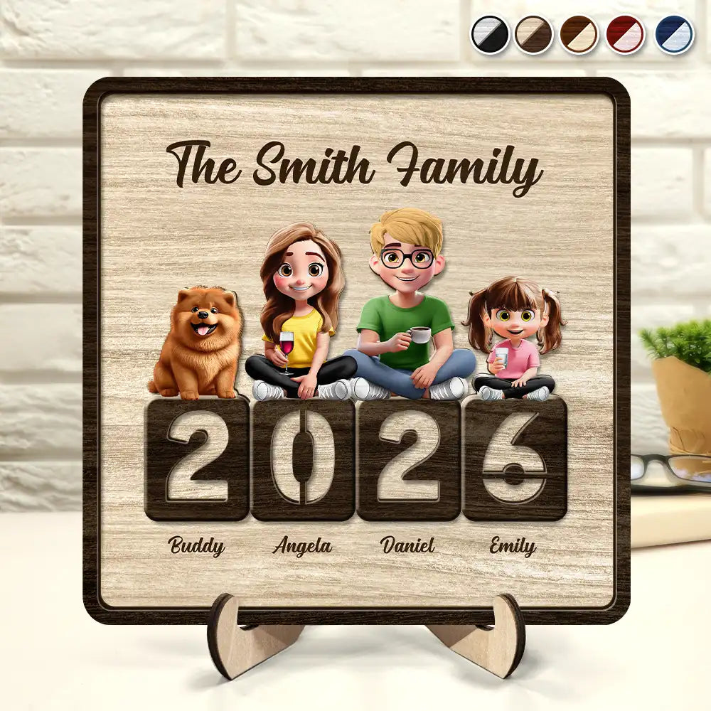 3D Effect Family Sitting Together - Personalized 2-Layered Wooden Plaque With Stand