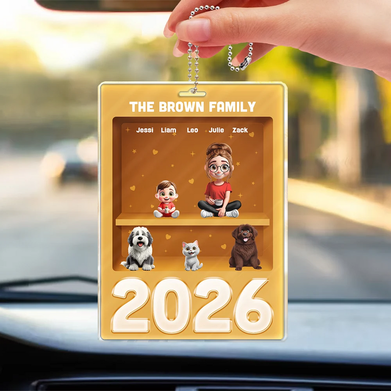 Family,Pet Lovers,Pet Mom,Pet Dad,Pet Couple,Dog Lovers,Dog Couple,Dog Mom,Dog Dad,Cat Lovers,Cat Mom,Cat Dad,Cat Couple,Happy,Single Mom,Single Dad,LGBT,Gift For Grandpa,Gift For Grandma,Gift For Grandkids - 3D Effect Family Sitting Together - Personalized Acrylic Car Hanger