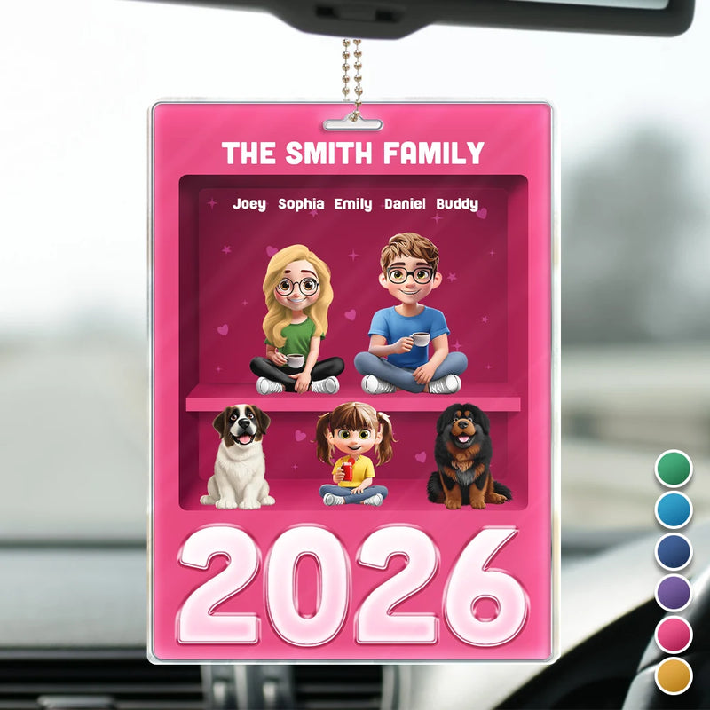 Family,Pet Lovers,Pet Mom,Pet Dad,Pet Couple,Dog Lovers,Dog Couple,Dog Mom,Dog Dad,Cat Lovers,Cat Mom,Cat Dad,Cat Couple,Happy,Single Mom,Single Dad,LGBT,Gift For Grandpa,Gift For Grandma,Gift For Grandkids - 3D Effect Family Sitting Together - Personalized Acrylic Car Hanger