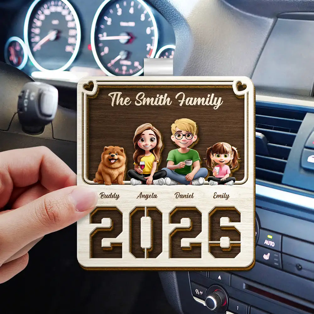 Family,Pet Lovers,Pet Mom,Pet Dad,Pet Couple,Dog Lovers,Dog Couple,Dog Mom,Dog Dad,Cat Lovers,Cat Mom,Cat Dad,Cat Couple,Happy,Single Mom,Single Dad,LGBT,Gift For Grandpa,Gift For Grandma,Gift For Grandkids - 3D Effect Family Sitting Together - Personalized Custom Shaped Car Visor Clip
