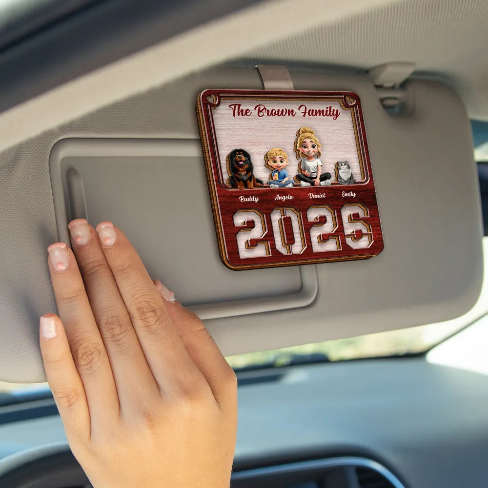 Family,Pet Lovers,Pet Mom,Pet Dad,Pet Couple,Dog Lovers,Dog Couple,Dog Mom,Dog Dad,Cat Lovers,Cat Mom,Cat Dad,Cat Couple,Happy,Single Mom,Single Dad,LGBT,Gift For Grandpa,Gift For Grandma,Gift For Grandkids - 3D Effect Family Sitting Together - Personalized Custom Shaped Car Visor Clip