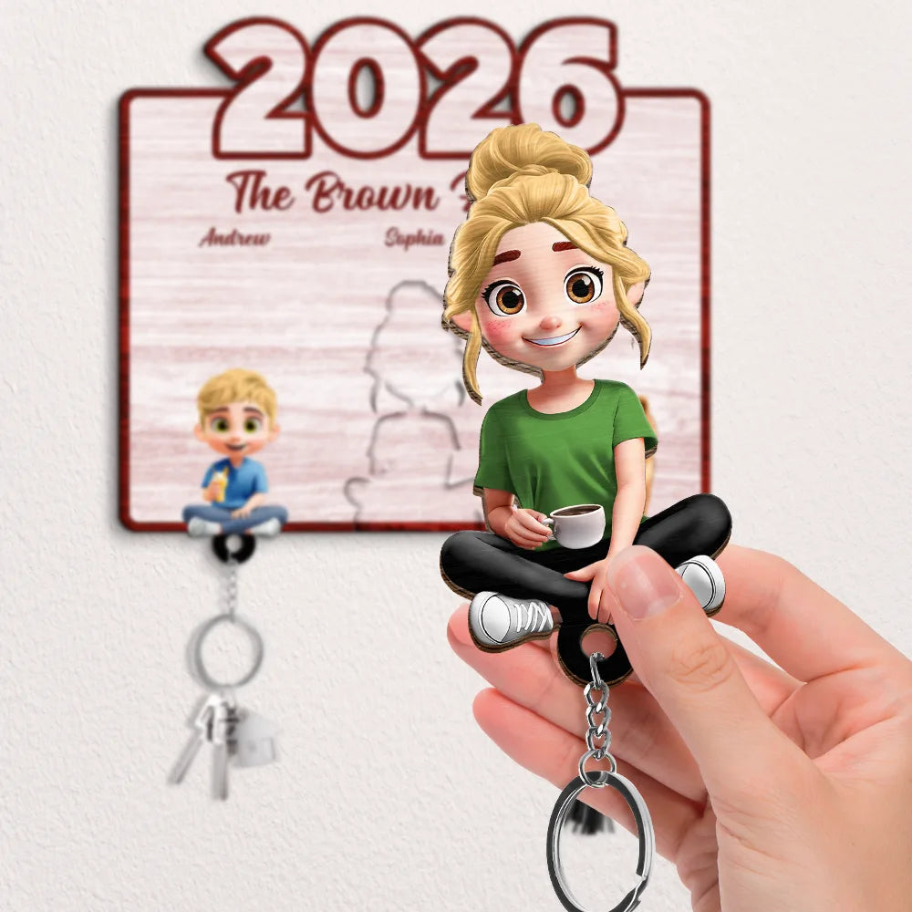 Pet Lovers,Pet Mom,Pet Dad,Pet Couple,Dog Lovers,Dog Couple,Dog Mom,Dog Dad,Cat Lovers,Cat Mom,Cat Dad,Cat Couple,Happy,Single Mom,Single Dad,LGBT,Gift For Grandpa,Gift For Grandma,Gift For Grandkids - 3D Effect Family Sitting Together - Personalized Custom Shaped Key Holder