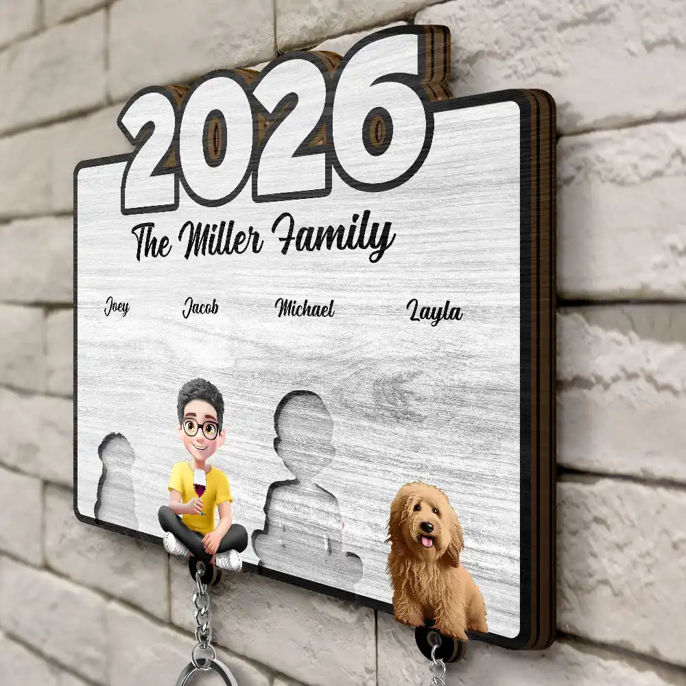 Pet Lovers,Pet Mom,Pet Dad,Pet Couple,Dog Lovers,Dog Couple,Dog Mom,Dog Dad,Cat Lovers,Cat Mom,Cat Dad,Cat Couple,Happy,Single Mom,Single Dad,LGBT,Gift For Grandpa,Gift For Grandma,Gift For Grandkids - 3D Effect Family Sitting Together - Personalized Custom Shaped Key Holder