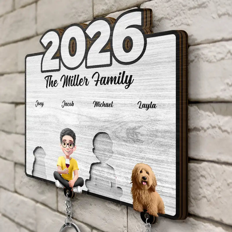 Pet Lovers,Pet Mom,Pet Dad,Pet Couple,Dog Lovers,Dog Couple,Dog Mom,Dog Dad,Cat Lovers,Cat Mom,Cat Dad,Cat Couple,Happy,Single Mom,Single Dad,LGBT,Gift For Grandpa,Gift For Grandma,Gift For Grandkids - 3D Effect Family Sitting Together - Personalized Custom Shaped Key Holder