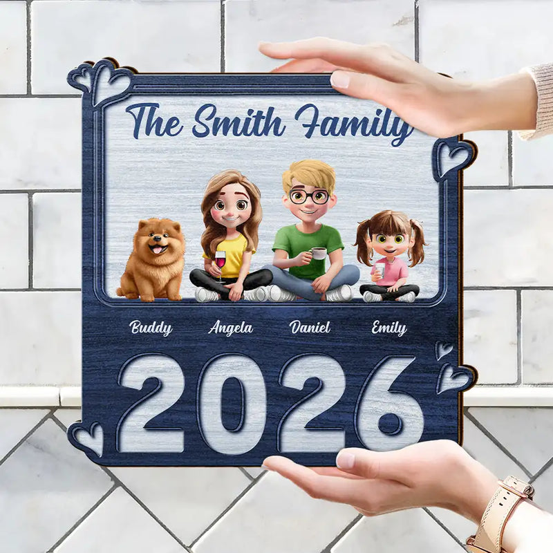 Family,Pet Lovers,Pet Mom,Pet Dad,Pet Couple,Dog Lovers,Dog Couple,Dog Mom,Dog Dad,Cat Lovers,Cat Mom,Cat Dad,Cat Couple,Happy,Single Mom,Single Dad,LGBT,Gift For Grandpa,Gift For Grandma,Gift For Grandkids - 3D Effect Family Sitting Together - Personalized Custom Shaped Wood Sign