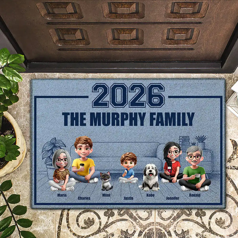 Family,Pet Lovers,Pet Mom,Pet Dad,Pet Couple,Dog Lovers,Dog Couple,Dog Mom,Dog Dad,Cat Lovers,Cat Mom,Cat Dad,Cat Couple,Happy,Single Mom,Single Dad,LGBT,Gift For Grandpa,Gift For Grandma,Gift For Grandkids - 3D Effect Family Sitting Together - Personalized Doormat