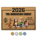 Family,Pet Lovers,Pet Mom,Pet Dad,Pet Couple,Dog Lovers,Dog Couple,Dog Mom,Dog Dad,Cat Lovers,Cat Mom,Cat Dad,Cat Couple,Happy,Single Mom,Single Dad,LGBT,Gift For Grandpa,Gift For Grandma,Gift For Grandkids - 3D Effect Family Sitting Together - Personalized Doormat