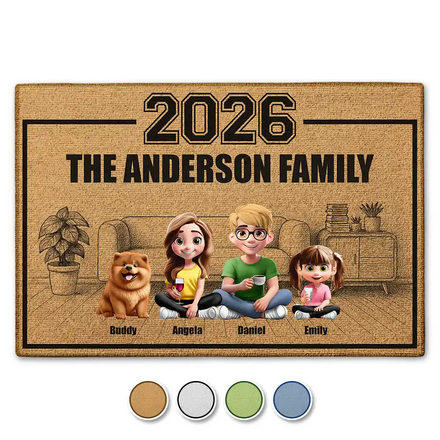 3D Effect Family Sitting Together - Personalized Doormat