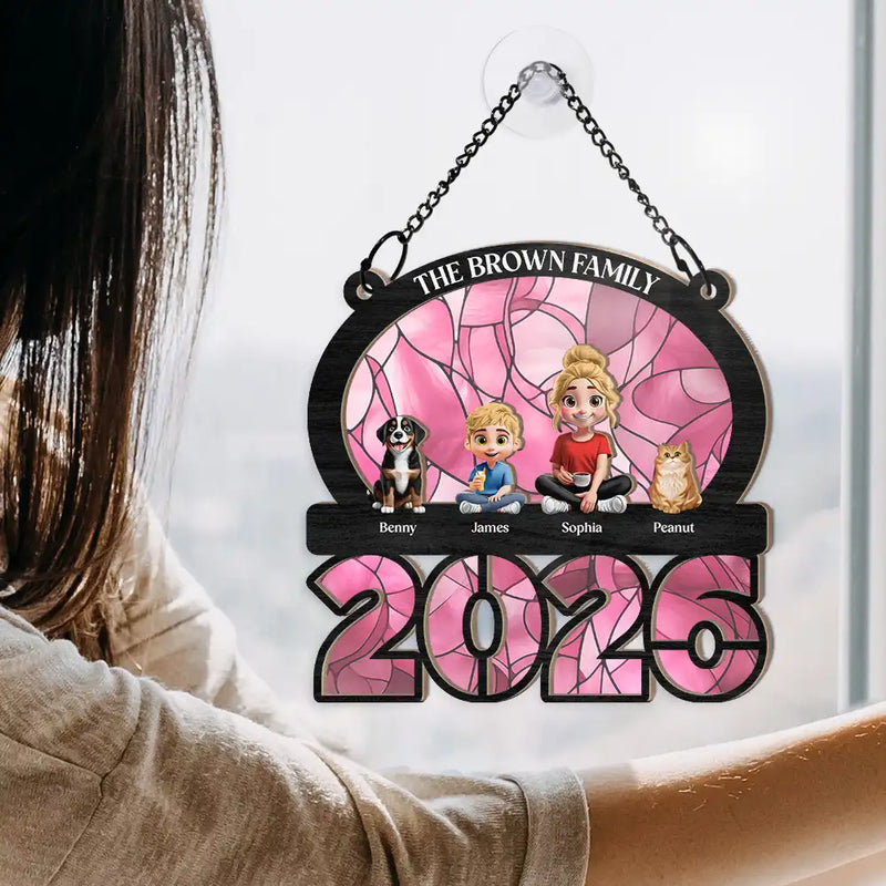 Family,Pet Lovers,Pet Mom,Pet Dad,Pet Couple,Dog Lovers,Dog Couple,Dog Mom,Dog Dad,Cat Lovers,Cat Mom,Cat Dad,Cat Couple,Happy,Single Mom,Single Dad,LGBT,Gift For Grandpa,Gift For Grandma,Gift For Grandkids - 3D Effect Family Sitting Together - Personalized Window Hanging Suncatcher Ornament